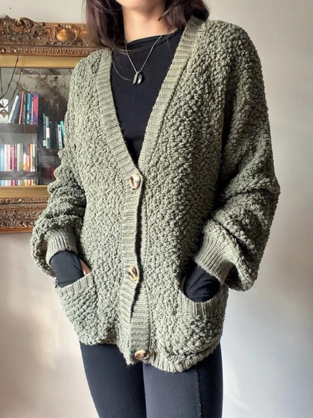 Zenana Textured Knit Cardigan in Green Size Small Like New